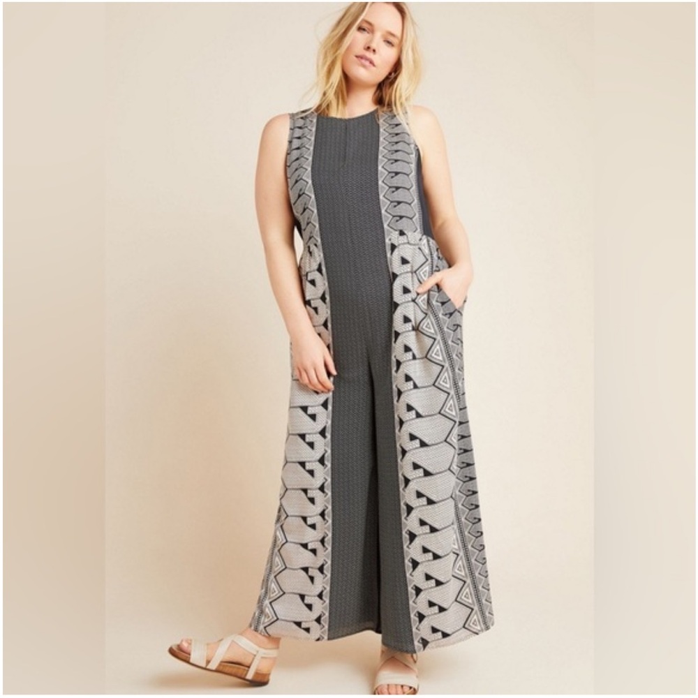 Anthropologie Gray Patterned Wide-Leg Jumpsuit with Trim